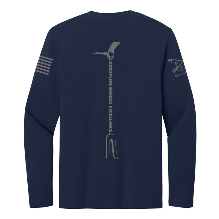A navy blue long-sleeve t-shirt shown from the back, featuring a vertical gray graphic of a pickaxe #color_navy