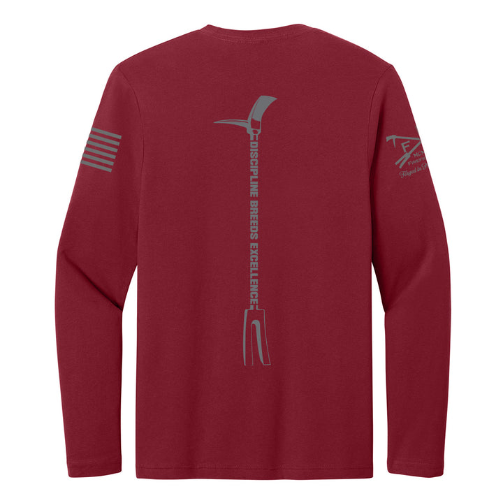 A long-sleeve crewneck shirt in dark red, showing the back view. The back features a large gray graphic of a pickaxe with the vertical text #color_cardinal-red