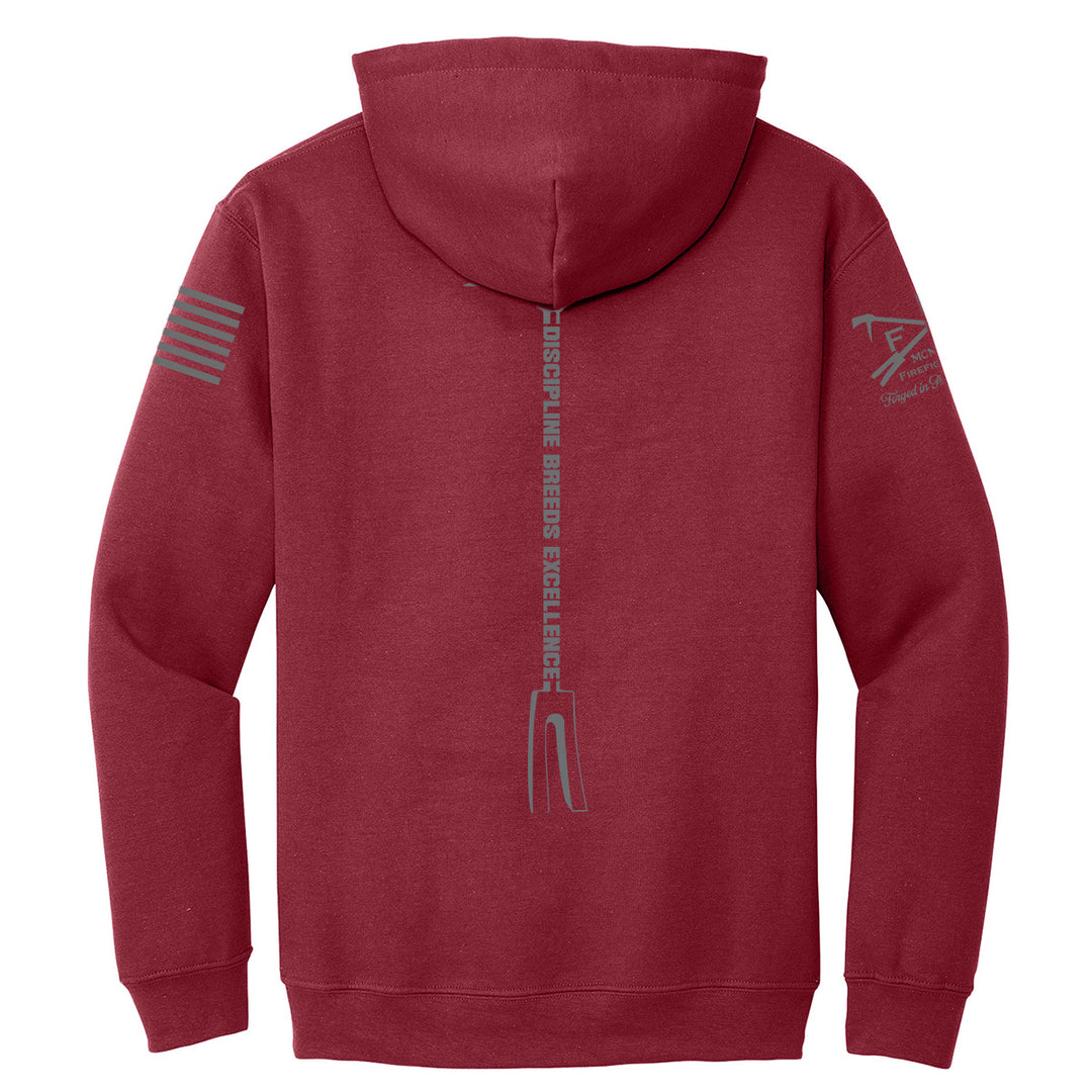 A maroon hooded sweatshirt shown from the back, featuring a vertical gray graphic #color_cardinal-red