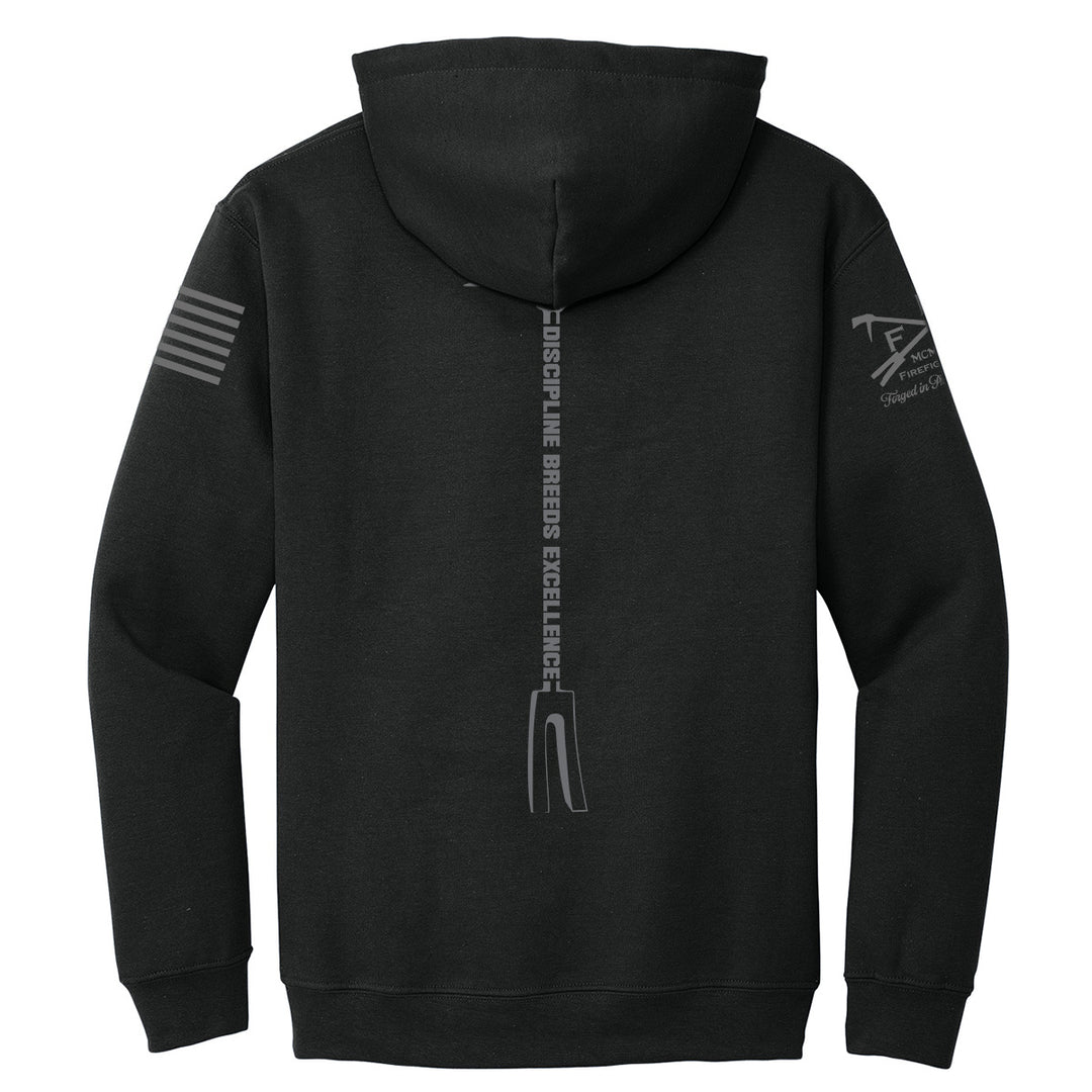 Black pullover hoodie shown from the back, featuring a vertical gray graphic with the words 'DISCIPLINE BREEDS EXCELLENCE' and a stylized tail logo, along with gray sleeve graphics on a white background. #color_black