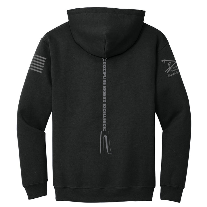 Black pullover hoodie shown from the back, featuring a vertical gray graphic with the words 'DISCIPLINE BREEDS EXCELLENCE' and a stylized tail logo, along with gray sleeve graphics on a white background. #color_black