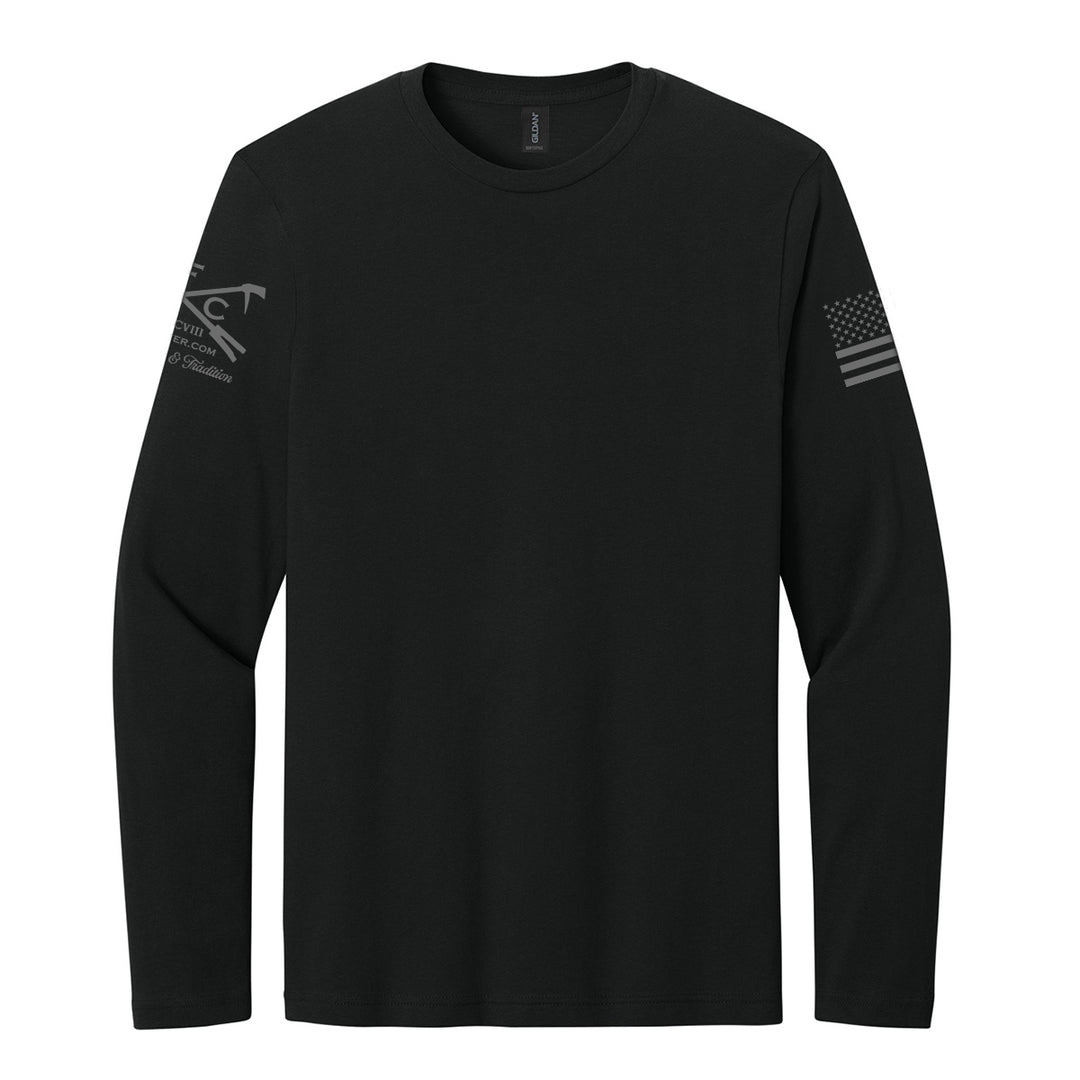 A black long-sleeve crewneck t-shirt with a dark gray tactical logo on the right sleeve and a dark gray American flag graphic on the left sleeve, displayed on a solid white background.  #color_black