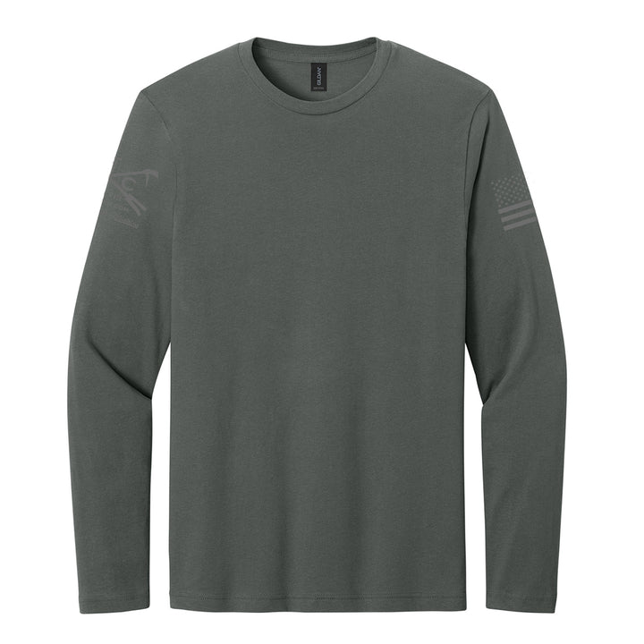 A dark olive green long-sleeve crewneck shirt with a subtle tonal graphic on the left sleeve and an American flag graphic on the right sleeve, shown on a plain white background. #color_charcoal