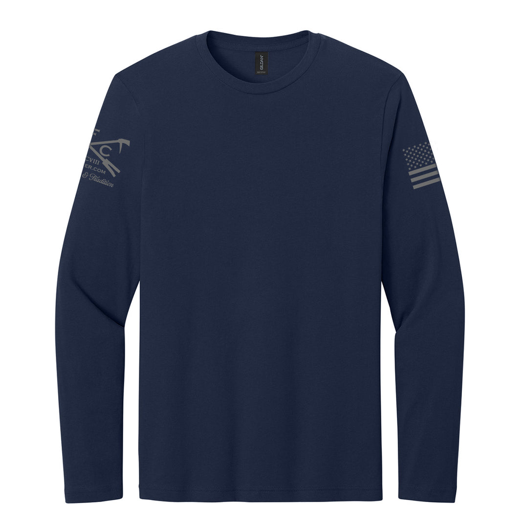 A black long-sleeve crewneck t-shirt with a dark gray tactical logo on the right sleeve and a dark gray American flag graphic on the left sleeve, displayed on a solid white background #color_navy