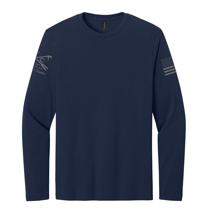 A black long-sleeve crewneck t-shirt with a dark gray tactical logo on the right sleeve and a dark gray American flag graphic on the left sleeve, displayed on a solid white background #color_navy