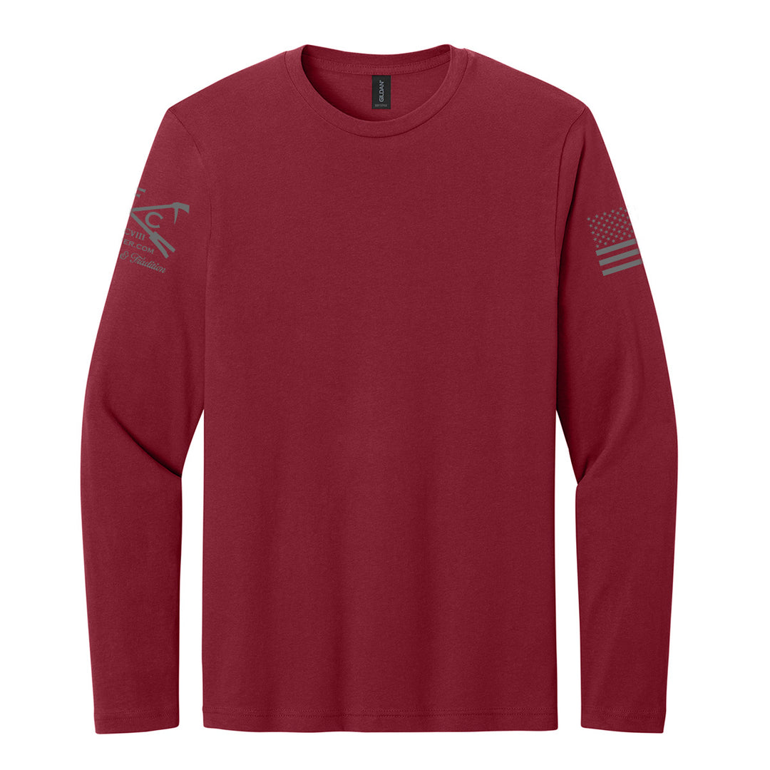 A long-sleeve crewneck t-shirt in maroon red #color_cardinal-red