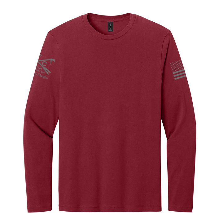 A long-sleeve crewneck t-shirt in maroon red #color_cardinal-red