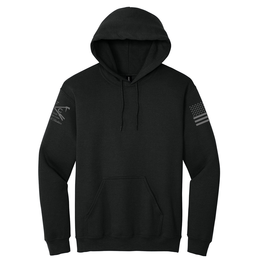 A black pullover hoodie with a drawstring hood and kangaroo pocket, featuring a dark gray distressed American flag graphic on the right sleeve and a dark gray eagle graphic on the left sleeve, shown against a plain white background. #color_black