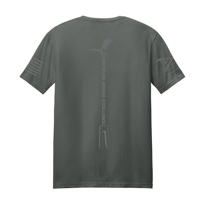 A dark gray short-sleeve t-shirt shown from the back, featuring a vertical gray graphic of a pickaxe with the text #color_charcoal