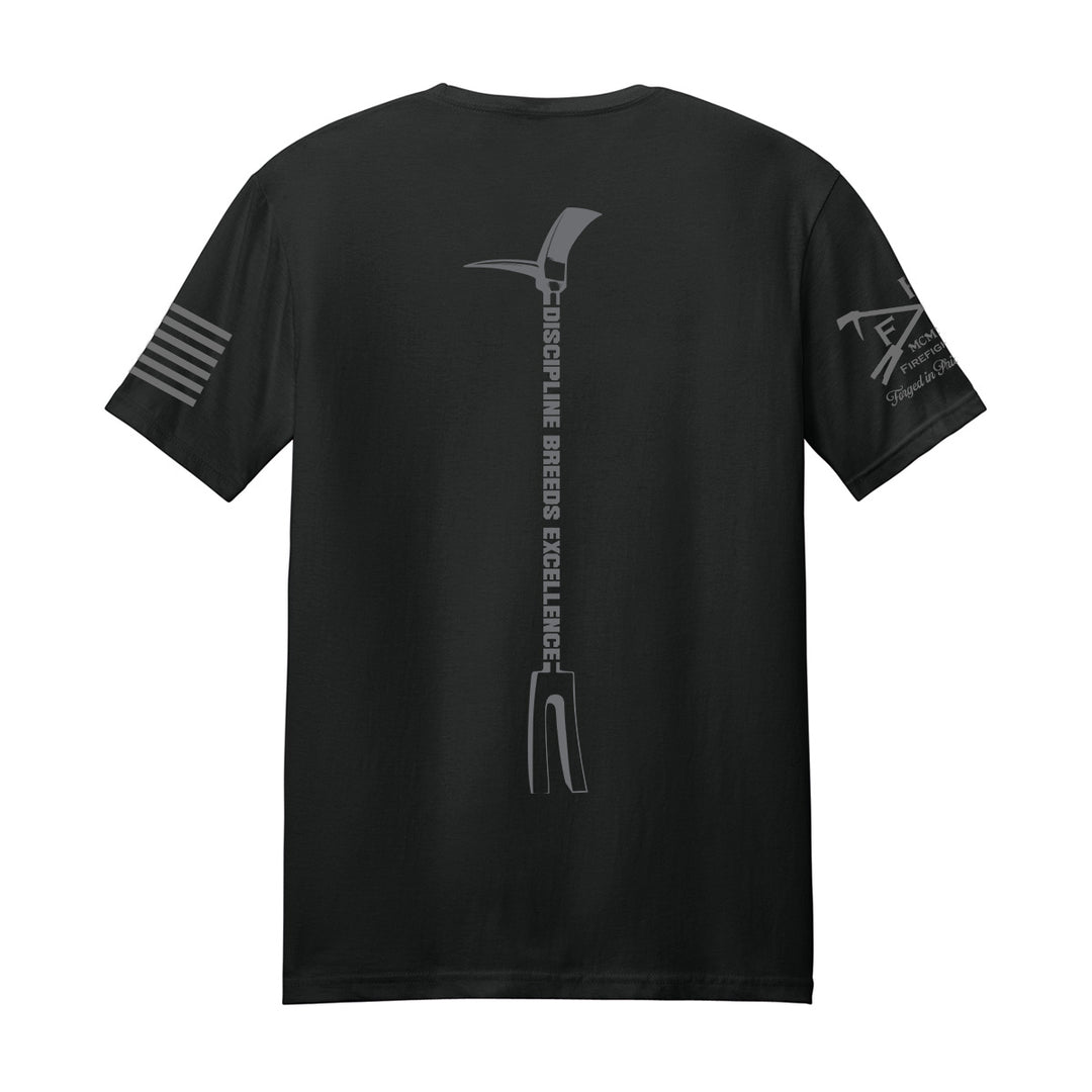 A black short-sleeve t-shirt shown from the back, featuring a vertical gray graphic of a pickaxe with the text DISCIPLINE BREEDS EXCELLENCE #color_black