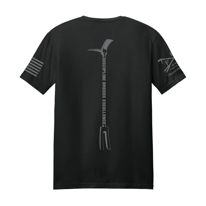 A black short-sleeve t-shirt shown from the back, featuring a vertical gray graphic of a pickaxe with the text DISCIPLINE BREEDS EXCELLENCE #color_black