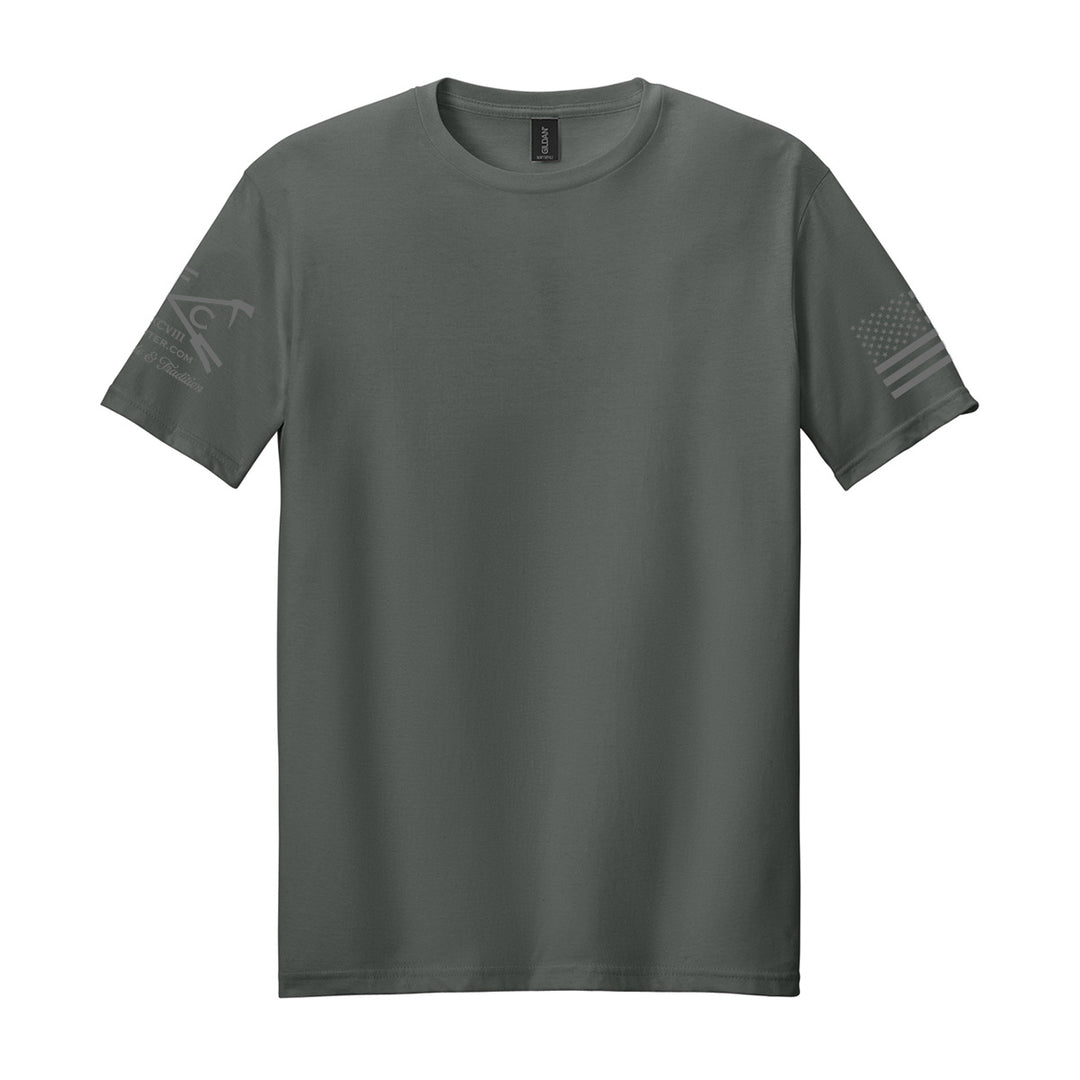 A dark gray crewneck t-shirt with a subtle dark gray graphic on the right sleeve and a distressed American flag print on the left sleeve, displayed on a solid white background. #color_charcoal