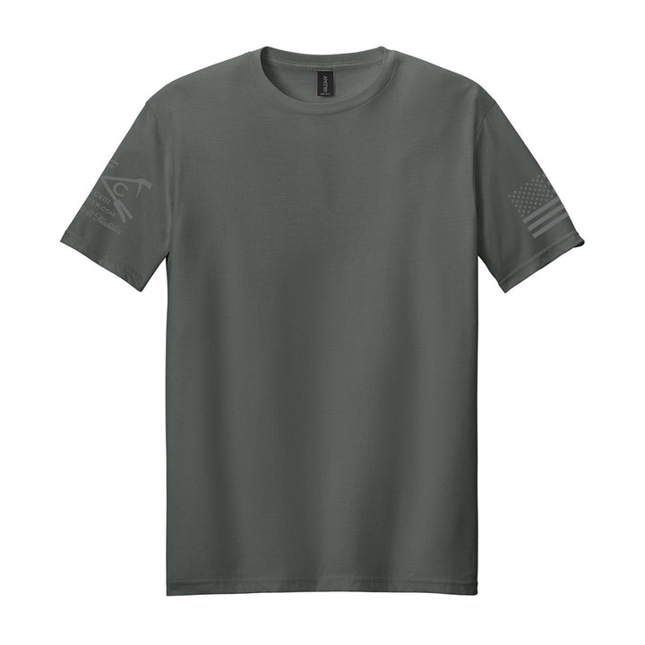A dark gray crewneck t-shirt with a subtle dark gray graphic on the right sleeve and a distressed American flag print on the left sleeve, displayed on a solid white background. #color_charcoal