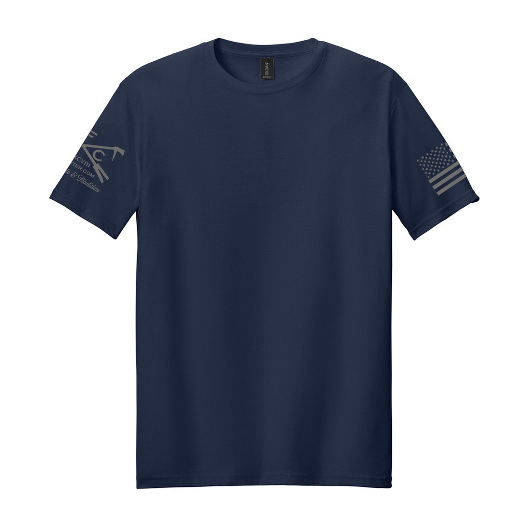 A navy blue short-sleeve crewneck t-shirt with a dark gray graphic on the left sleeve and a distressed American flag graphic on the right sleeve, displayed on a solid white background. #color_navy