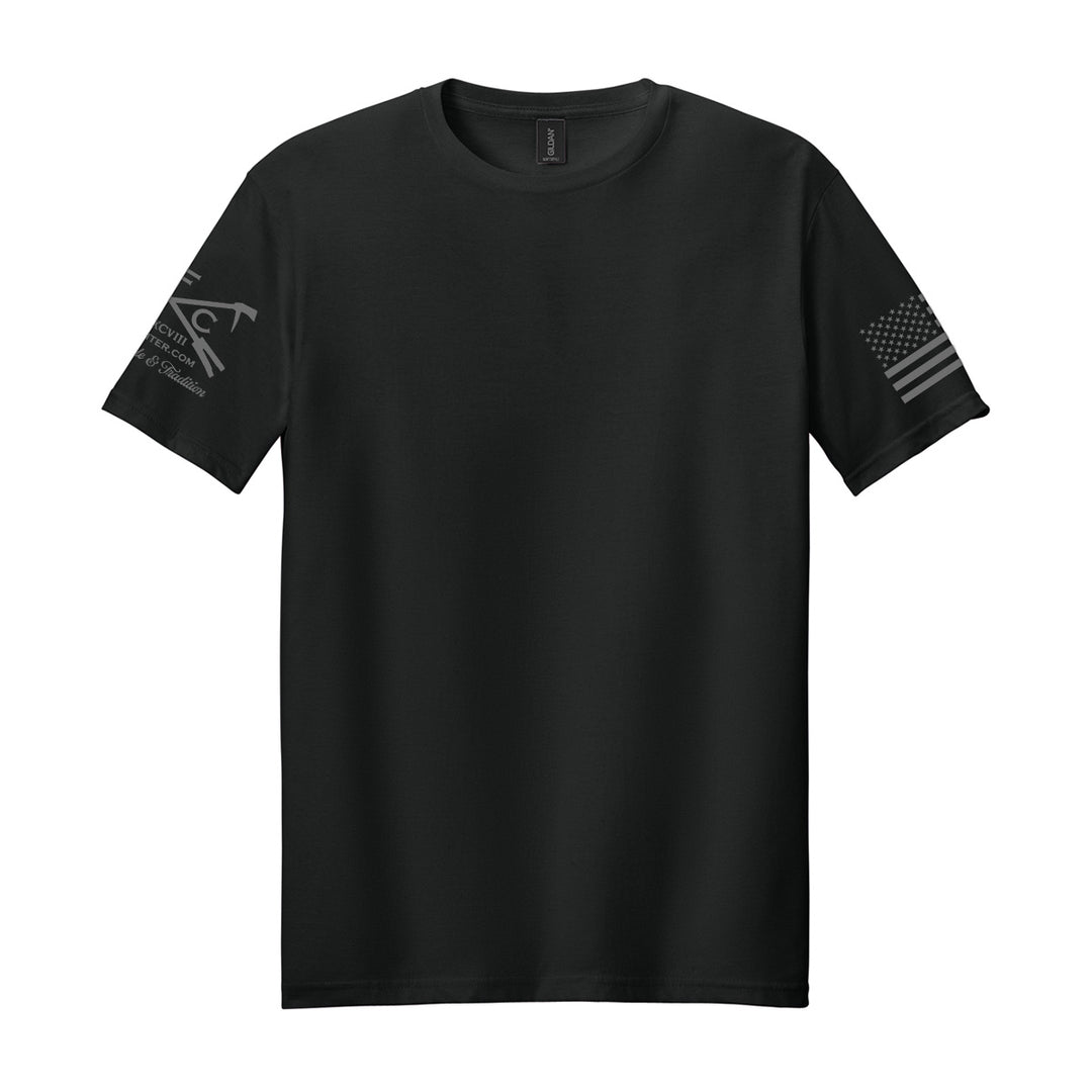 A black short-sleeve crewneck t-shirt with a dark gray tactical-style graphic on the left sleeve and a distressed American flag on the right sleeve, displayed on a solid white background. #color_black