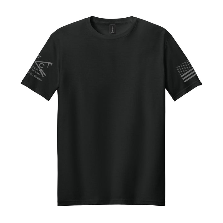 A black short-sleeve crewneck t-shirt with a dark gray tactical-style graphic on the left sleeve and a distressed American flag on the right sleeve, displayed on a solid white background. #color_black