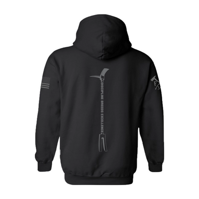 Back view of firefighter hoodies in black with a full back design of hooligan bar with Discipline and Excellence-perfect for fire department apparel.