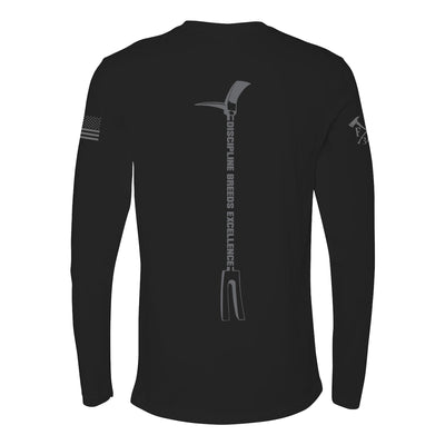 Back view of firefighter long sleeves in black with a full back design of hooligan bar with Discipline and Excellence-perfect for fire department apparel.