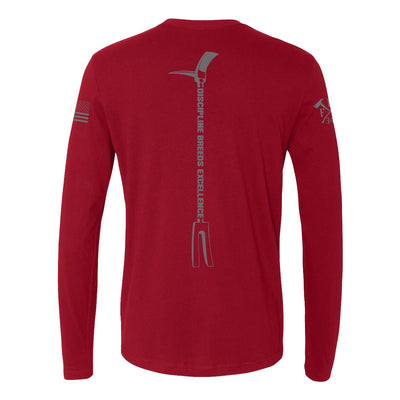 Back view of firefighter long sleeves in cardinal red with a full back design of hooligan bar with Discipline and Excellence-perfect for fire department apparel.