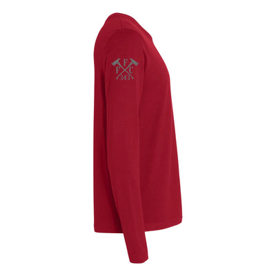 Right side view of a firefighter long sleeves in cardinal red  with the FFC 343 firefighter logo printed.