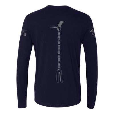 Back view of firefighter long sleeves in navy with a full back design of hooligan bar with Discipline and Excellence-perfect for fire department apparel.