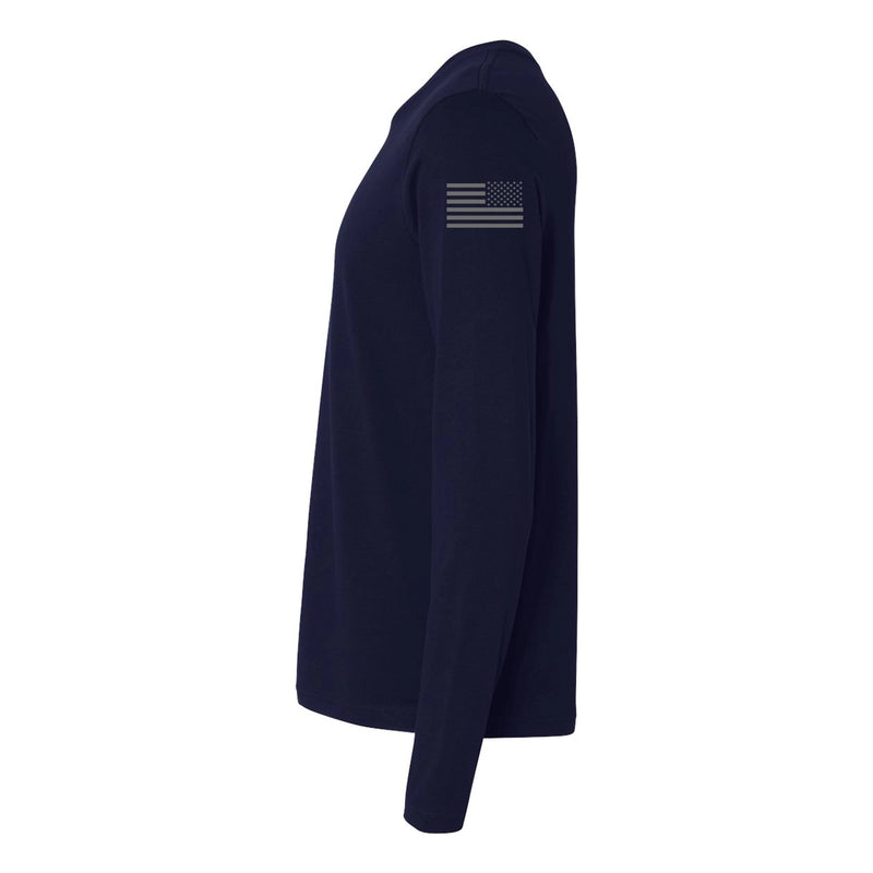 Left side view of a firefighter long sleeves in navy  with the USA  flag printed.