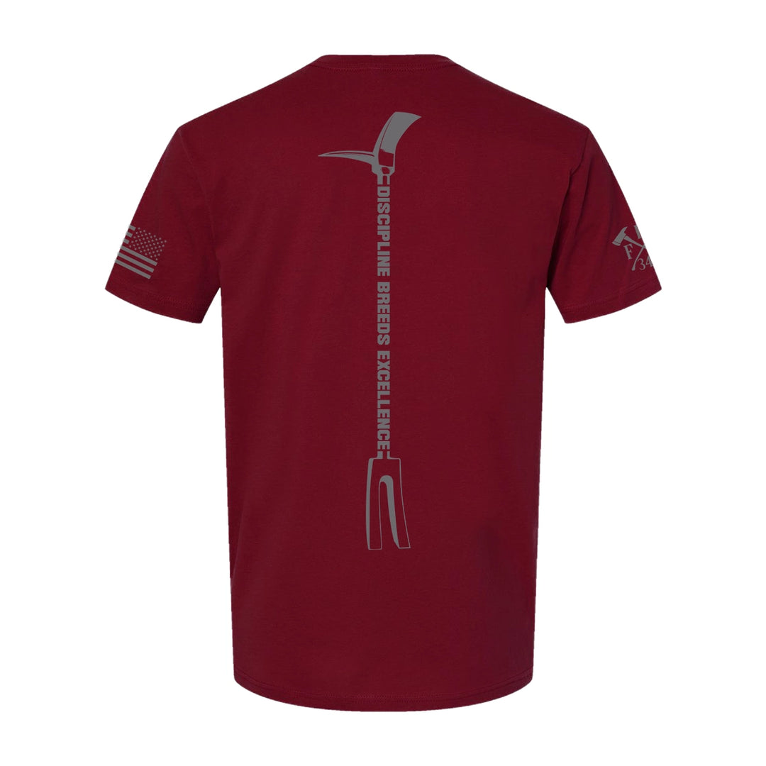 Back view of firefighter T-Shirt in cardinal red color with a full back design of hooligan bar with Discipline and Excellence-perfect for fire department apparel.