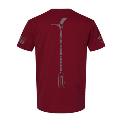 Back view of firefighter T-Shirt in cardinal red color with a full back design of hooligan bar with Discipline and Excellence-perfect for fire department apparel.