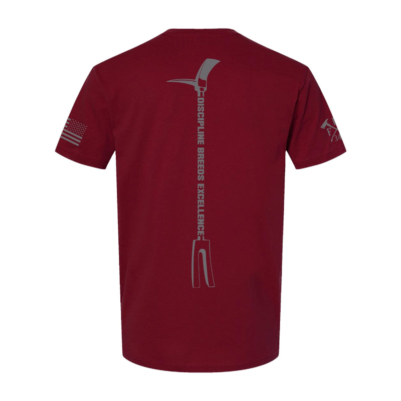 Back view of firefighter T-Shirt in cardinal red color with a full back design of hooligan bar with Discipline and Excellence-perfect for fire department apparel.