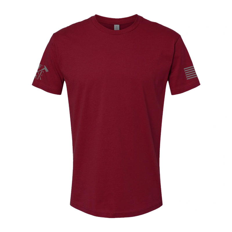 Front view of firefighter T-Shirt in cardinal red color, simple and minimalist style