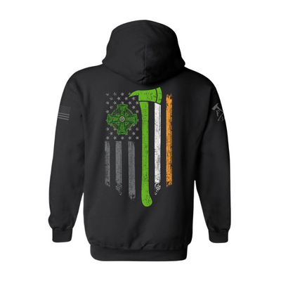 Back view of firefighter hoodies in black with a full back design featuring a distressed USA flag accented by a green axe-perfect for fire department apparel