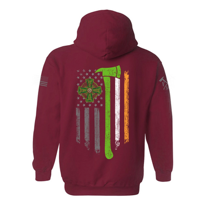 Back view of firefighter hoodies in red with a full back design featuring a distressed USA flag accented by a green axe-perfect for fire department apparel