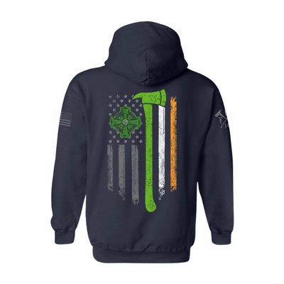 Back view of firefighter hoodies in navy with a full back design featuring a distressed USA flag accented by a green axe-perfect for fire department apparel