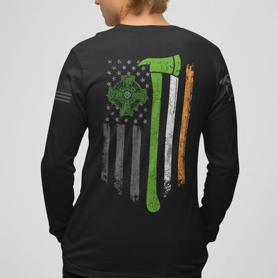 A man wearing a black firefighter long sleeve shirt with a full back design featuring a distressed USA flag accented by a green axe-perfect for fire department apparel