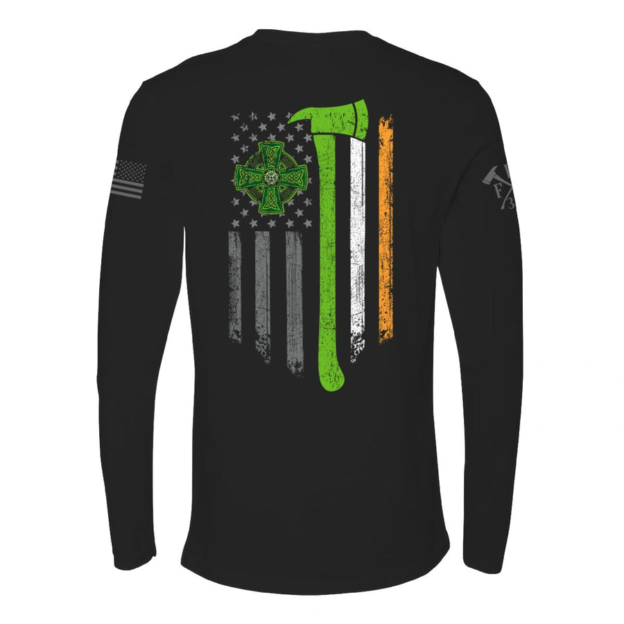 Back view of firefighter long sleeves in black with a full back design featuring a distressed USA flag accented by a green axe-perfect for fire department apparel