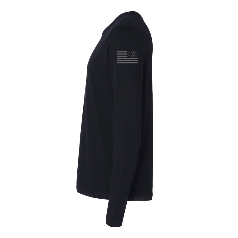 Left side view of a firefighter long sleeves in black color with the USA  flag printed.