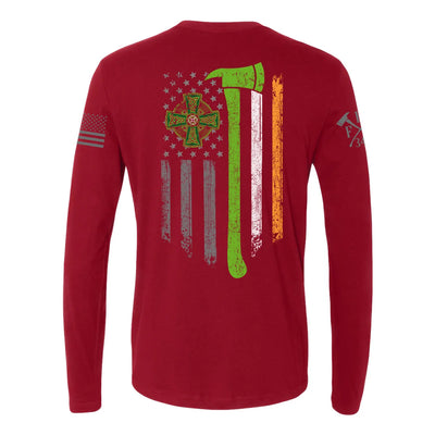 Back view of firefighter long sleeves in cardinal red with a full back design featuring a distressed USA flag accented by a green axe-perfect for fire department apparel