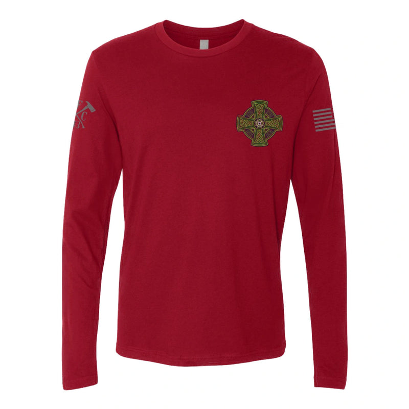 Front view of firefighter long sleeves in cardinal red color with left chest print.