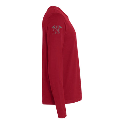 Right side view of a firefighter long sleeves in cardinal red with the FFC 343 firefighter logo printed.