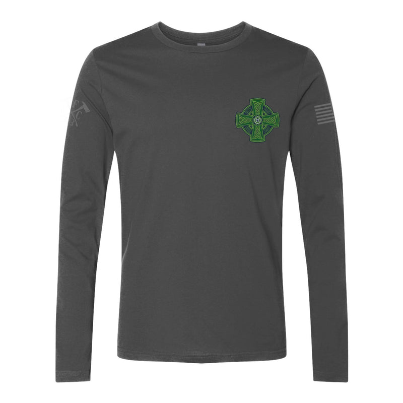 Front view of firefighter long sleeves in heavy metal color with left chest print.