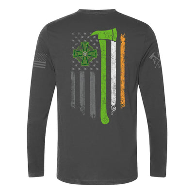 Back view of firefighter long sleeves in heavy metal with a full back design featuring a distressed USA flag accented by a green axe-perfect for fire department apparel