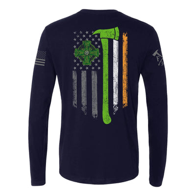 Back view of firefighter long sleeves in navy with a full back design featuring a distressed USA flag accented by a green axe-perfect for fire department apparel