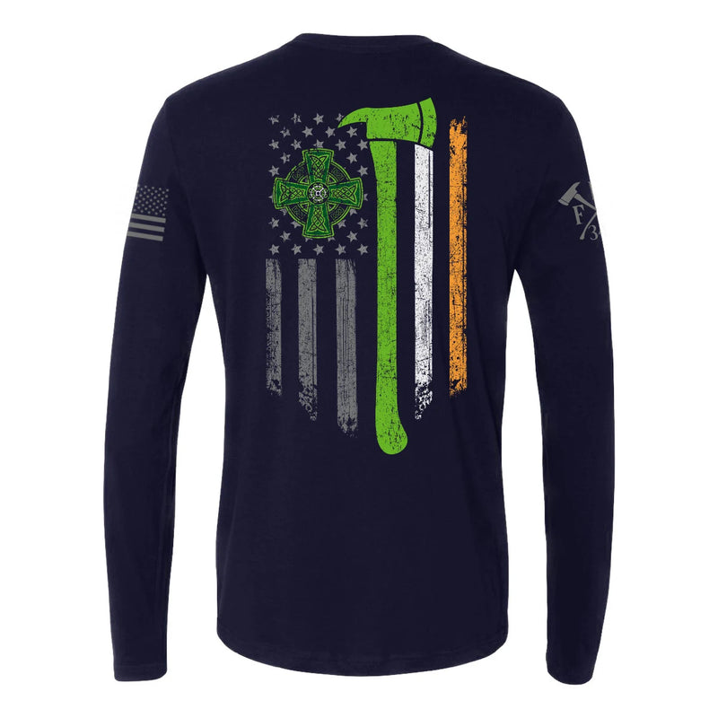 Back view of firefighter long sleeves in navy with a full back design featuring a distressed USA flag accented by a green axe-perfect for fire department apparel