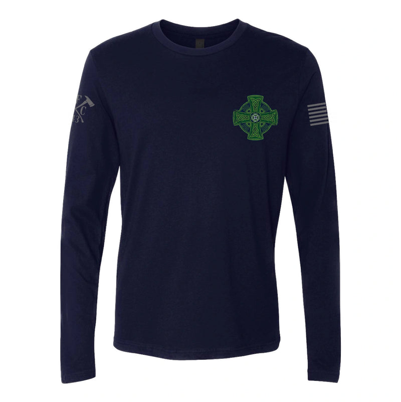 Front view of firefighter long sleeves in navy color with left chest print.