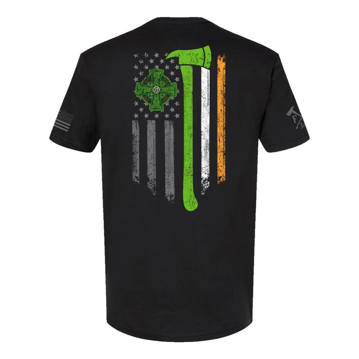 Back view of firefighter T-Shirt in black with a full back design featuring a distressed USA flag accented by a green axe-perfect for fire department apparel