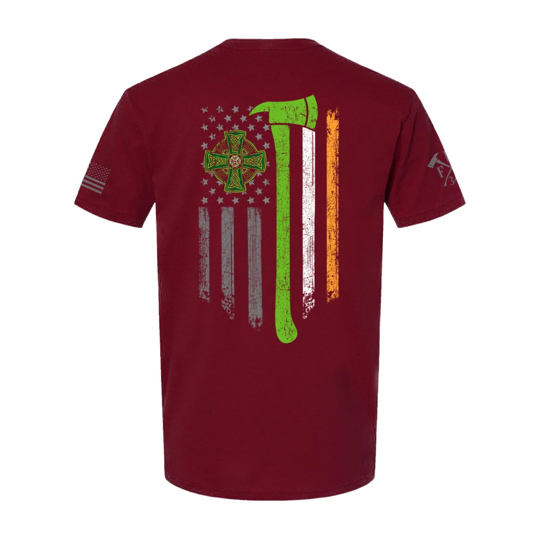 Back view of firefighter T-Shirt in cardinal red with a full back design featuring a distressed USA flag accented by a green axe-perfect for fire department apparel