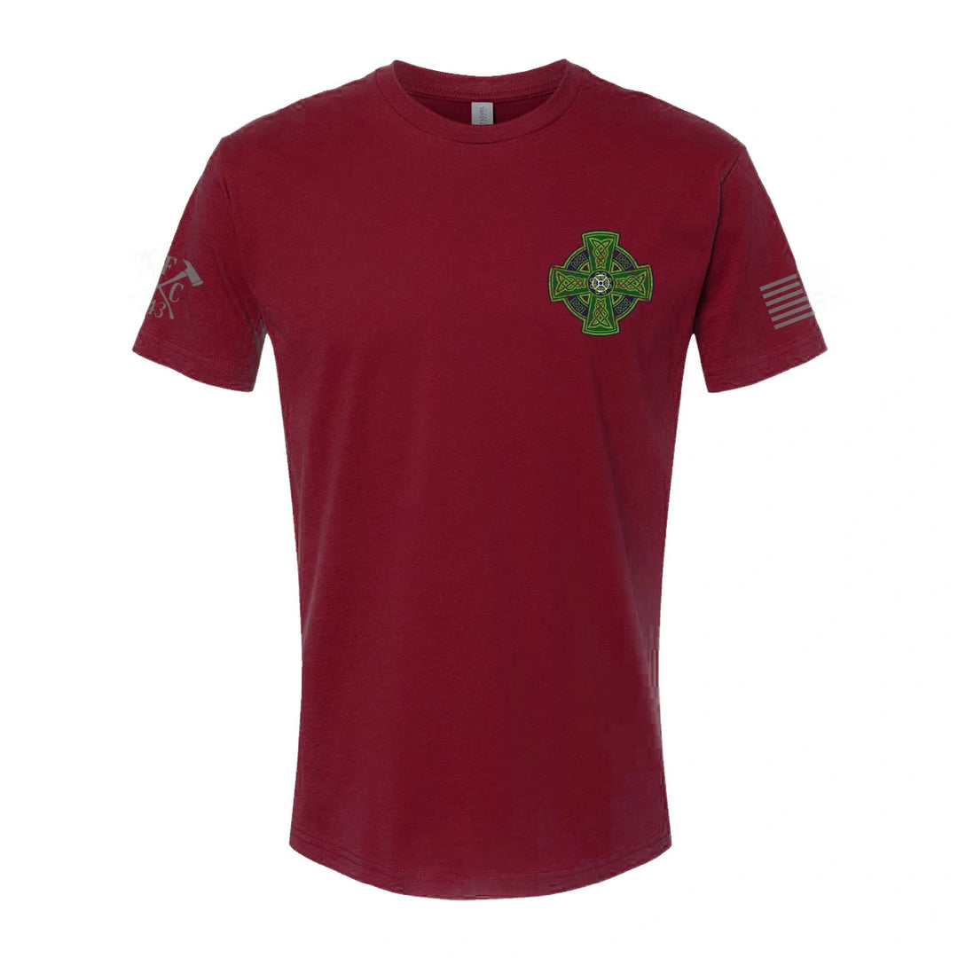 Front view of firefighter T-Shirt in cardinal red color with left chest print.