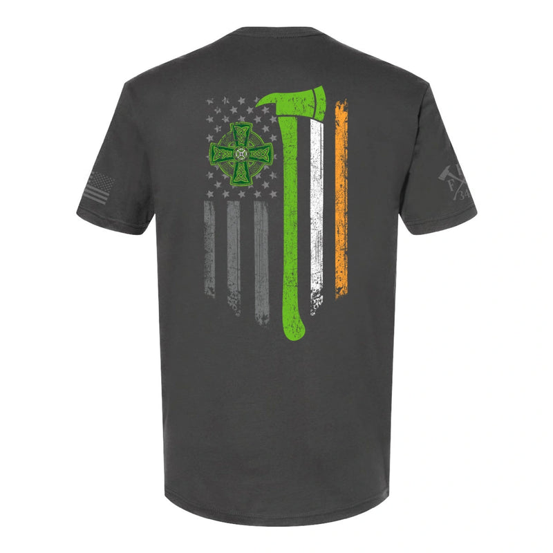 Back view of firefighter T-Shirt in heavy metal color with a full back design featuring a distressed USA flag accented by a green axe-perfect for fire department apparel