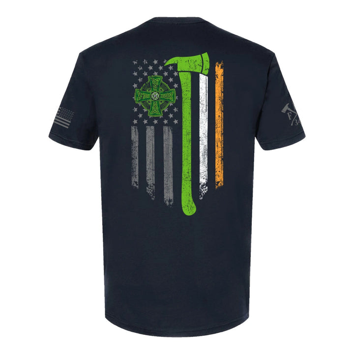 Back view of firefighter T-Shirt in navy color with a full back design featuring a distressed USA flag accented by a green axe-perfect for fire department apparel