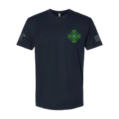 Front view of firefighter T-Shirt in navy color with left chest print.